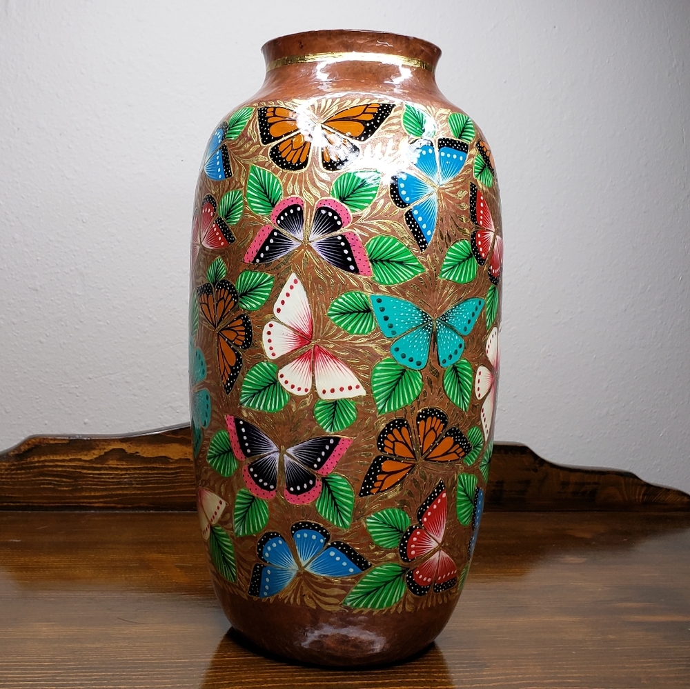 Hammered Copper Artisan Handpainted Vase Butterfly